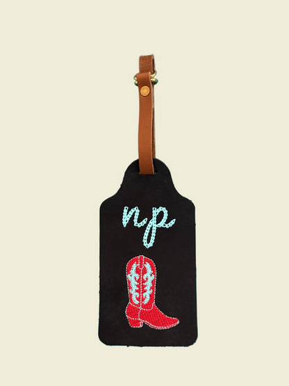 Black Leather Luggage Tag- Chainstitch Embroidered