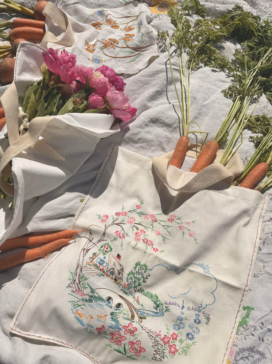 Vintage Embroidered Linen Tote Bag