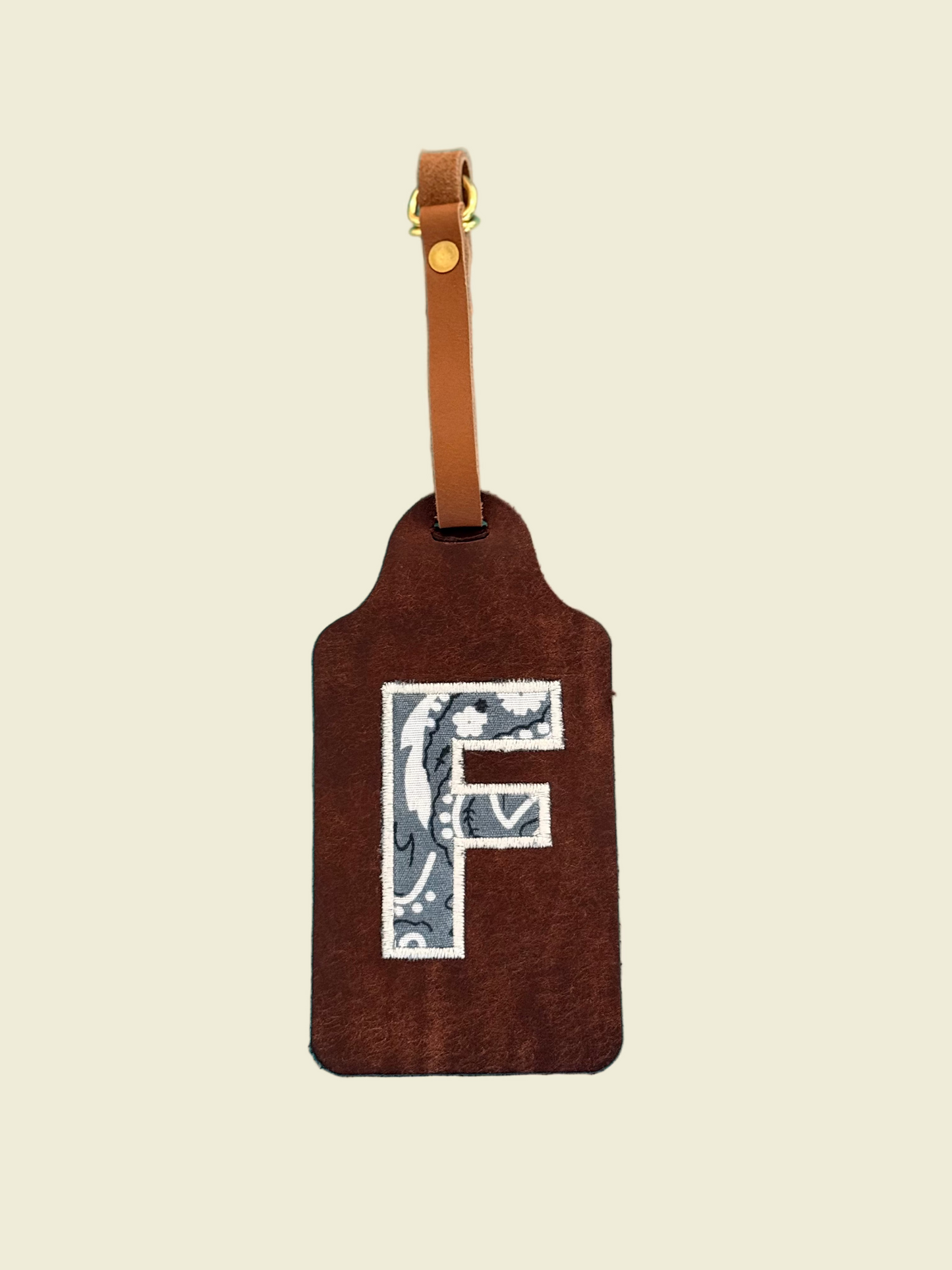 Brown Leather Luggage Tag - Customized Embroidery
